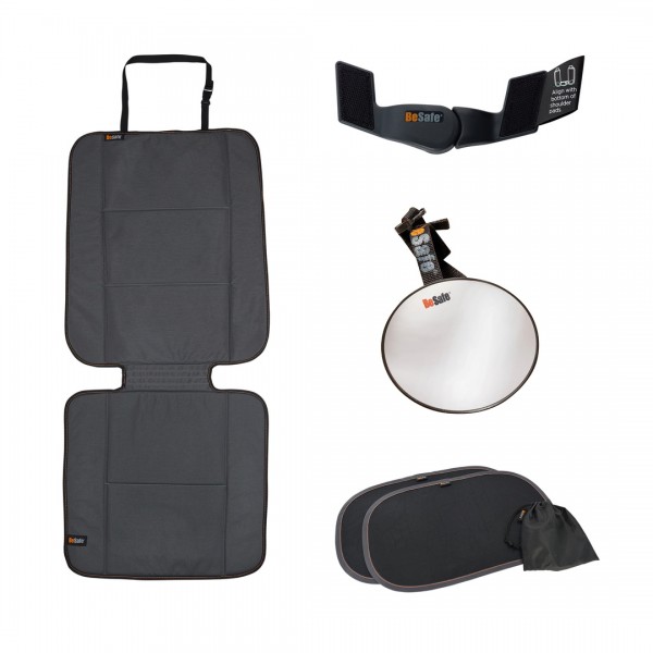 Das neue BeSafe Reboard Kit enthält: Trittschutzmatte, Rückbankspiegel, selbsthaftenden Sonnenschutz und den Gurtwächter