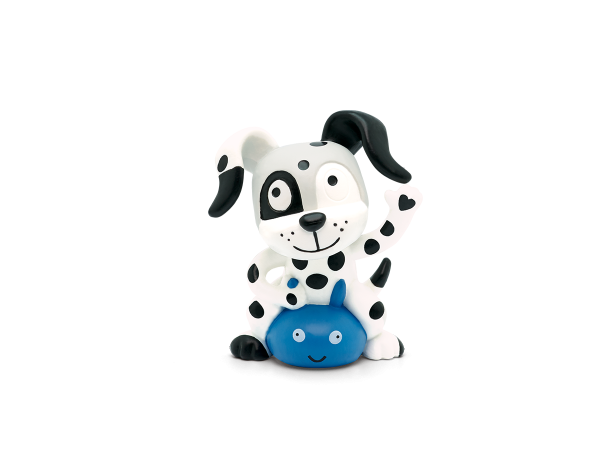 Dalmatiner mit Schlappohren sitzt winkend auf einem blauen Hüpfball
