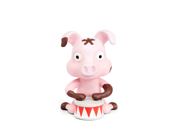 Rosa Schweinchen mit braunen Details kniet vor einer rot weißen Trommel und trommelt