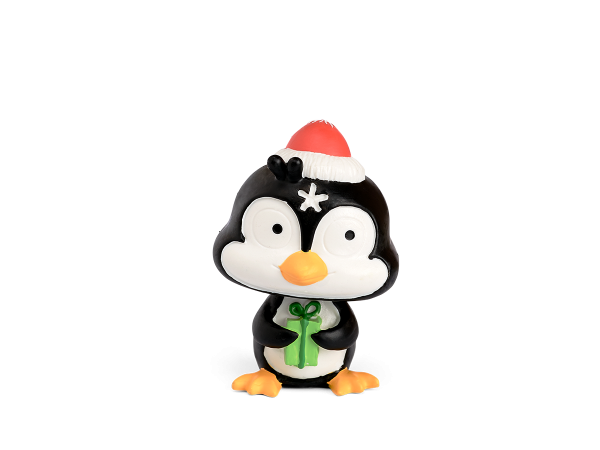 Pinguin mit Weihnachtsmannmütze und grünem Geschenk in der Hand