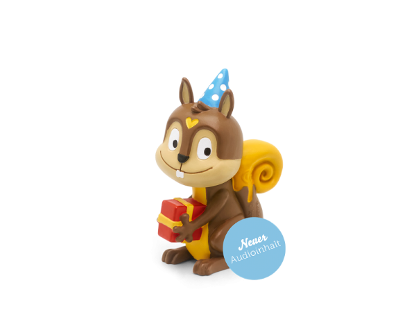 Neuauflage der Lieblings-Kinderlieder - Geburtstagslieder, Hörfigur Eichhörnchen mit Geschenk und blauem Party Hut