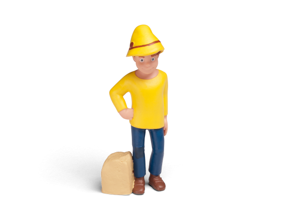 Hoerfigur Peter mit gelbem Hut, gelbem Pullover, blauer Hose und braunen Schuhen