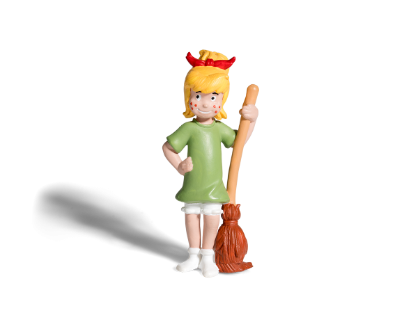 Hoerfigur Bibi Blocksberg mit blonden Haaren, roter Schleife, grünem Kleid und ihrem braunen Besen