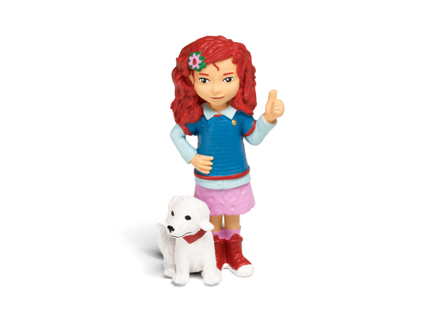 Hoerfigur rothaariges Mädchen mit blauem Pullover, rosanem Rock und einem weißen Hund
